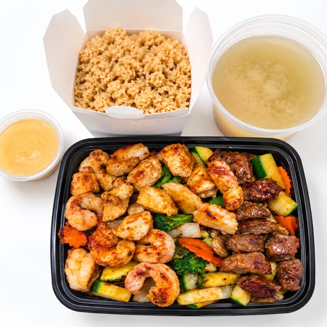 # 90. Chicken, Steak, Shrimp Hibachi.
