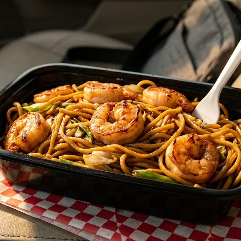 Shrimp lo mein in a black takeout container with a white fork, resting on a red and white checkered paper in a car seat.