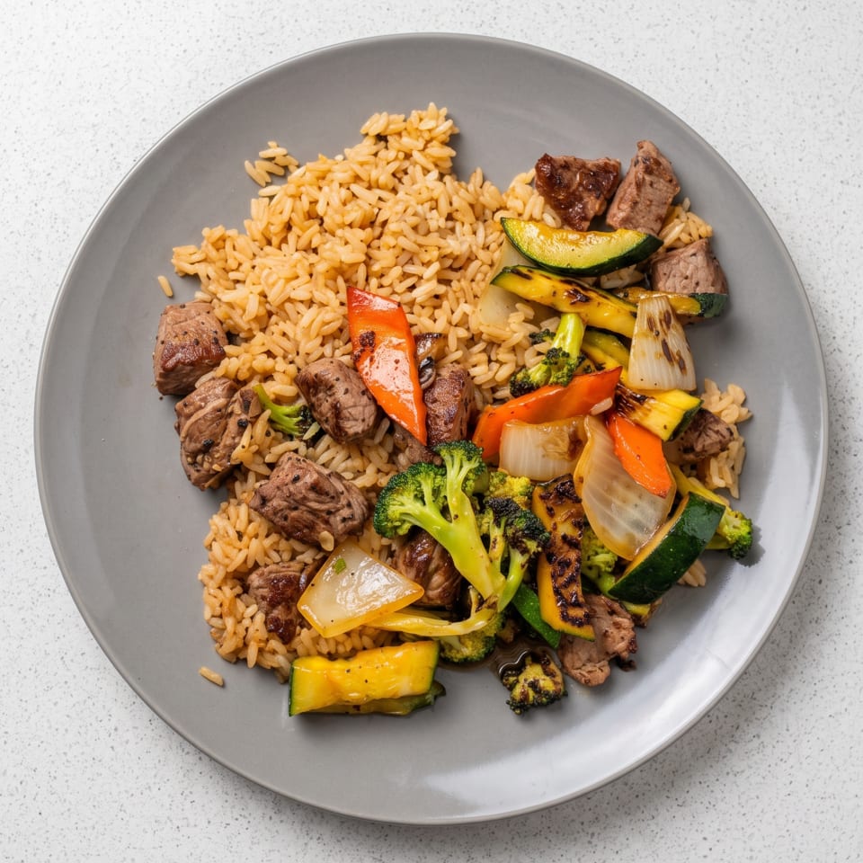 Grilled steak and mixed vegetables with rice on a gray plate.