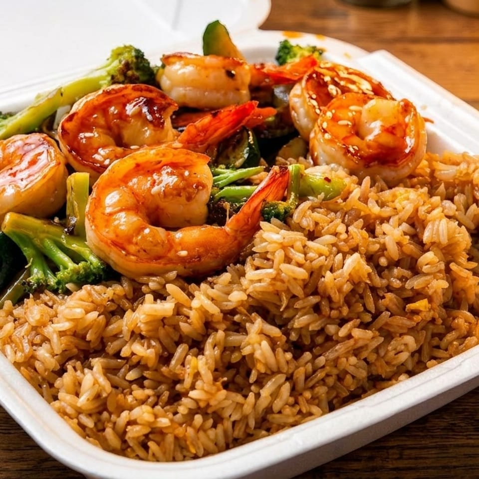 Shrimp and vegetable stir-fry with fried rice in a white takeout container on a wooden table.