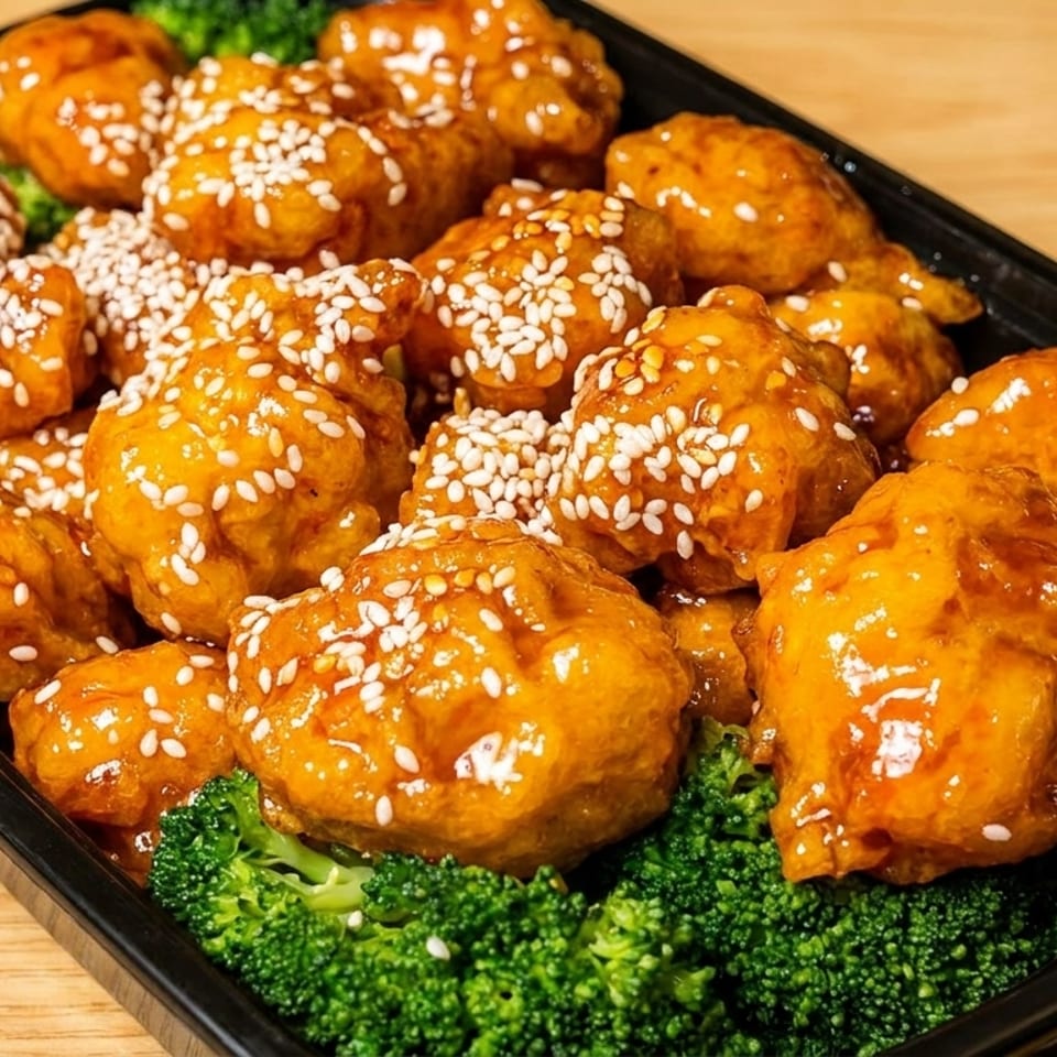 Sesame chicken with broccoli in a black takeout container on a wooden table.