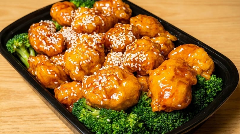Sesame chicken with broccoli in a black takeout container on a wooden table.