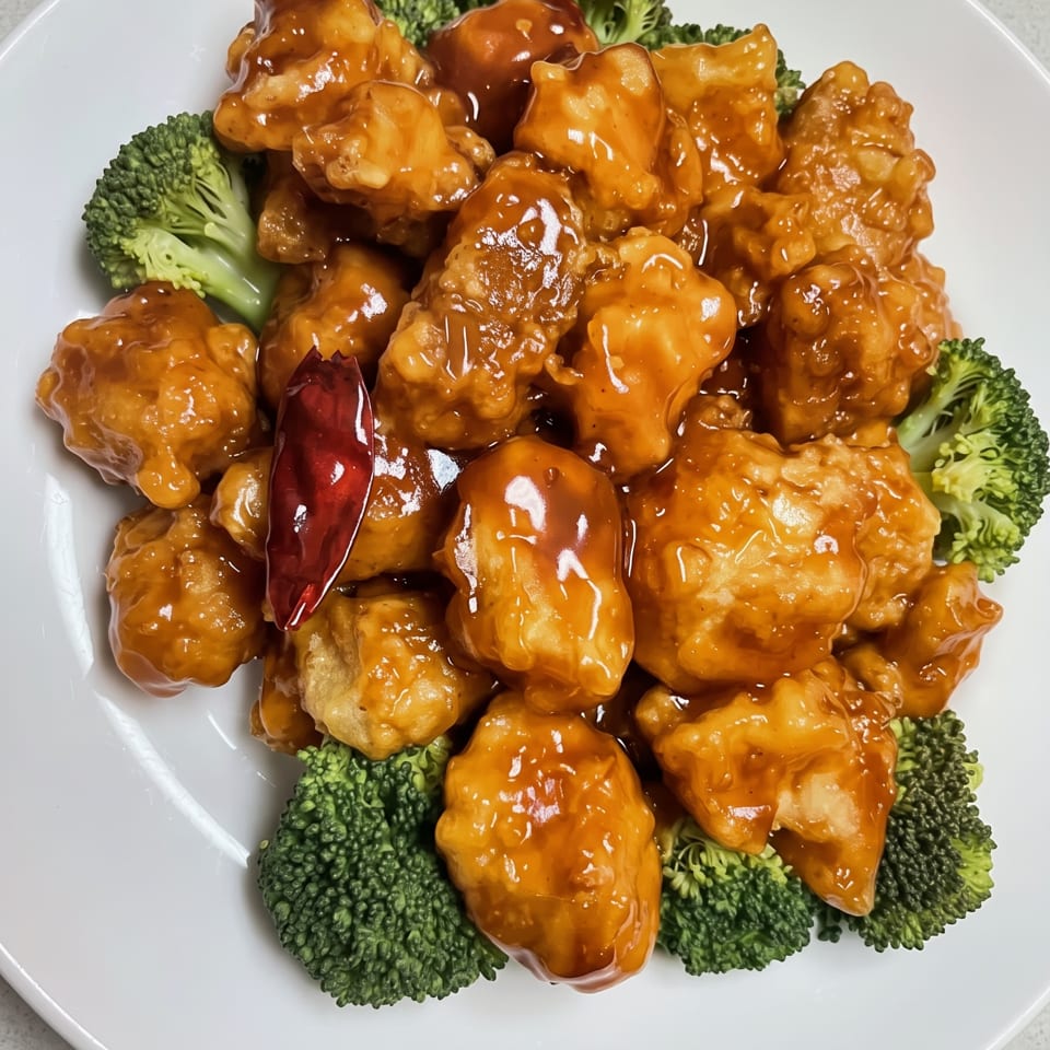 Orange chicken with broccoli florets and a red chili pepper on a white plate.